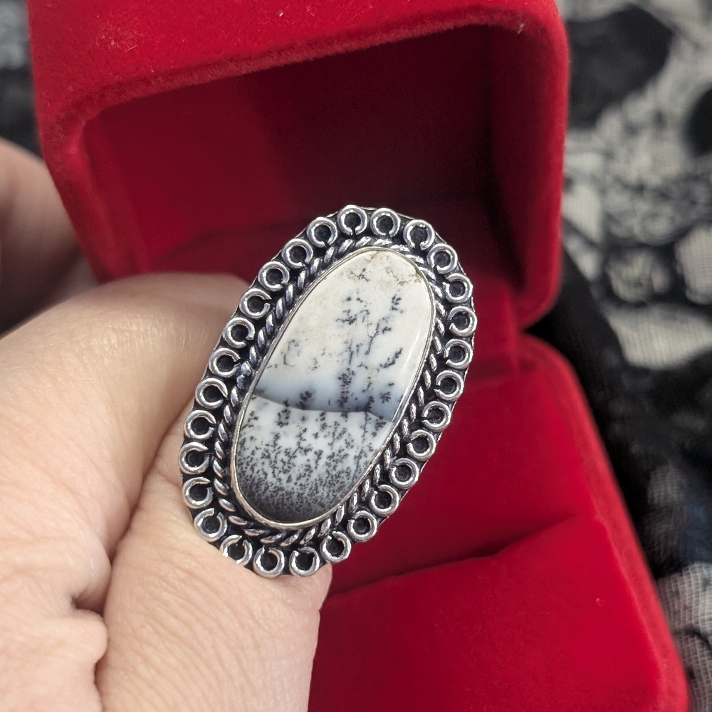 Elegant Vintage Dendritic Agate Polished Gemstone Ring In 925 Silver Size 9